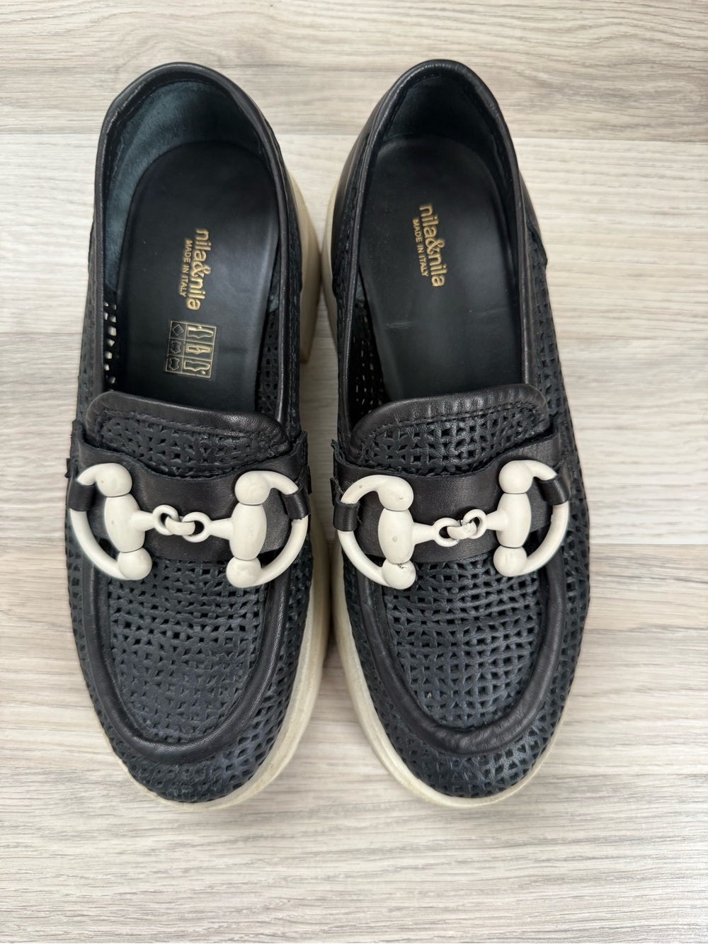 Black Perforated Leather Loafers with Cream Bit